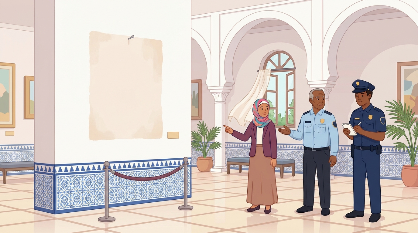 Dans la salle du musée, le mur vide où était le tableau ; une guide, le gardien et un policier qui prend des notes, une fenêtre entrouverte